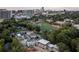 Aerial view of a school, sports field and cityscape, showcasing neighborhood layout and surroundings at 77 Delmont Ne Dr, Atlanta, GA 30305