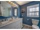 Stylish bathroom showcasing a gray double vanity, wood look floor tiles, and blue walls at 460 Haynes Creek Circle, Oxford, GA 30054