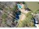 A beautiful aerial view shows a pool, tennis court, lake, and gorgeous wooded property at 9600 Poplar Ct, Douglasville, GA 30135