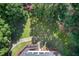 Aerial view of home, surrounded by lush trees and winding path leading to the yard at 1900 Denton Walk Ct, Marietta, GA 30062