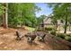 Backyard fire pit with seating surrounded by lush landscaping and mature trees at 9075 Preston Ln, Suwanee, GA 30024