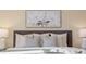 Close up of bright main bedroom bed featuring decorative pillows and art at 3711 Spinnaker Cir, Alpharetta, GA 30005