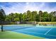 A green and blue outdoor tennis court surrounded by a green treeline at 3711 Spinnaker Cir, Alpharetta, GA 30005