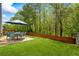 Beautifully landscaped backyard featuring a patio with outdoor seating and a well-maintained lawn at 512 Watercress Dr, Woodstock, GA 30188