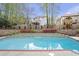Backyard pool with lush landscaping, stone retaining wall, and a playset visible in the background at 625 Park Creek Trce, Alpharetta, GA 30005
