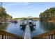 Up close and personal lake view featuring a dock with multiple boat slips at 6477 Old Shadburn Ferry Rd, Buford, GA 30518