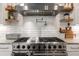 Close up of a stainless steel range with pot filler, open shelving and white herringbone tile backsplash at 6477 Old Shadburn Ferry Rd, Buford, GA 30518