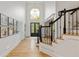 Elegant foyer featuring hardwood floors, a grand staircase, and high ceilings with modern lighting at 1010 Lake Shore Overlook, Alpharetta, GA 30005
