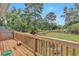 Backyard wooden deck with a view of the spacious, tree-filled backyard at 8977 Teal Ln, Jonesboro, GA 30236