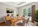 Cozy dining room features a wooden table, modern chairs, and a door to the backyard at 7194 Oakwood Cir, Rex, GA 30273