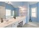 Bathroom with double vanity, mirror, shower, soaking tub, and blue painted walls at 539 Riverbirch Trce, Stone Mountain, GA 30087