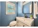 Powder room featuring a modern sink with black faucet, gray cabinet and a wall mirror at 3664 Bonnie Glenn Ln, Tucker, GA 30084