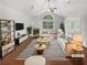Bright living room with vaulted ceilings, large windows, fireplace, and stylish staging at 409 Kenley Ct, Mcdonough, GA 30253
