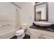 Bathroom featuring a modern vessel sink, granite countertop, and tub with shower at 7155 Roswell Rd # 15, Atlanta, GA 30328