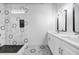 Modern bathroom with patterned tile in shower and white double vanity at 515 Federal Se Ter, Atlanta, GA 30315