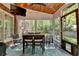 Relaxing screened-in porch with wood ceiling, ceiling fan, brick accent wall and view of the backyard at 5023 Buckline Xing, Dunwoody, GA 30338