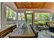 Inviting screened porch with wood ceiling, dining table, bench seating and view of the backyard at 5023 Buckline Xing, Dunwoody, GA 30338