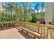 Wooden back deck featuring a bench and overlooking a lush, green backyard at 4366 Karls Gate Dr, Marietta, GA 30068