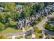Aerial view of the property showing the landscaped backyard and in-ground pool in a quiet neighborhood at 5724 Kendrick Ln, Cumming, GA 30041