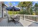Relaxing outdoor deck features an umbrella-covered table, perfect for entertaining and enjoying the wooded backyard view at 5724 Kendrick Ln, Cumming, GA 30041