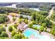 An aerial view showcasing community amenities; pool, clubhouse, tennis courts, and mature trees and landscaping at 322 Tupelo Tr Trl, Canton, GA 30114