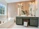 Bright bathroom featuring double sink vanity, modern lighting, and a soaking tub by the window at 3647 Bancroft Main Nw, Kennesaw, GA 30144