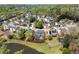 Aerial shot showcasing a suburban neighborhood surrounded by lush greenery and a tranquil pond at 3950 Almandine Way, Cumming, GA 30040