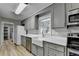 Well-lit kitchen with gray cabinetry, white countertops, stainless steel appliances, and a farmhouse sink at 3081 Frankie Ln, Duluth, GA 30096