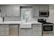 Renovated kitchen with gray cabinets, a farmhouse sink, stainless steel appliances, and wood flooring at 3081 Frankie Ln, Duluth, GA 30096
