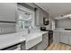 Modern kitchen featuring a white farmhouse sink, quartz countertops, and stainless steel appliances at 3081 Frankie Ln, Duluth, GA 30096