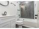 This bathroom has a sink with a vanity, toilet, and a shower over the tub at 609 Spring St, Atlanta, GA 30354