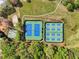 Aerial shot of tennis and pickleball courts surrounded by lush greenery at 6960 Dockbridge Way, Stone Mountain, GA 30087