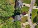 Aerial view of a landscaped property featuring a driveway, green lawn, and mature trees on a sunny day at 6960 Dockbridge Way, Stone Mountain, GA 30087