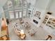 High angle view of a living room with built in bookcases, fireplace, and large windows at 8385 Sentinae Chase Dr, Roswell, GA 30076