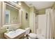 Well-lit bathroom featuring a white vanity sink, a toilet, and a walk-in shower with shower curtain at 201 Rippling Nw Dr, Marietta, GA 30064