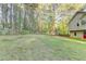 Large backyard with mature trees and a wooden fence surrounding the property at 6040 Carriage Dr, Cumming, GA 30028