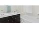 Bathroom with a double sink vanity and a soaking tub with tiled backsplash at 6625 Story Cir, Norcross, GA 30093