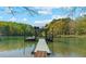 Private dock on the water featuring a boat lift, upper deck, and picturesque waterfront views at 3578 Hope Rd, Cumming, GA 30041
