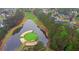 Panoramic aerial shot of a golf course island green and surrounding community, showcasing lush greenery and scenic views at 3022 Woodbridge Ln, Canton, GA 30114