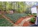 A manicured backyard features a stone walkway, small seating area, and lush greenery at 205 Wellesley Ct, Woodstock, GA 30189