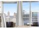 Balcony with city skyline views including the Bank of America building, seating, and sheer, white curtains at 855 Peachtree Ne St # 2706, Atlanta, GA 30308