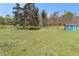 A spacious, green backyard featuring a blue storage shed and mature trees, perfect for outdoor activities at 173 Michael Ln, Mcdonough, GA 30252