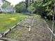 View of the backyard with a trampoline in the distance and a partially planted garden in the foreground at 5167 Manitu Sw Ct, Lilburn, GA 30047