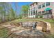 Backyard stone patio area with a fire pit and chairs, perfect for outdoor gatherings at 205 Northampton Ct, Canton, GA 30115