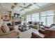 Spacious living room with coffered ceilings, a stone fireplace, built-in shelving, and plenty of natural light at 205 Northampton Ct, Canton, GA 30115