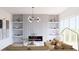 Cozy living room featuring built-in shelving, modern fireplace, sectional sofa, and large windows at 380 Hillcrest View Dr, Suwanee, GA 30024