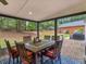 Covered patio featuring a dining table and serene view of the backyard at 219 Riverbrook Ct, Mcdonough, GA 30252