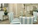 Chic dining area with striped chairs, glass table, and views to the kitchen at 104 Holcomb Ferry Rd, Roswell, GA 30076