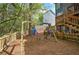 Fenced backyard with a swing set and play area next to a elevated wood deck at 4111 Mcever Woods Nw Dr, Acworth, GA 30101