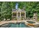 The beautifully landscaped backyard features a pool and a stylish cabana, perfect for relaxing or entertaining guests at 2726 Mabry Ne Rd, Atlanta, GA 30319